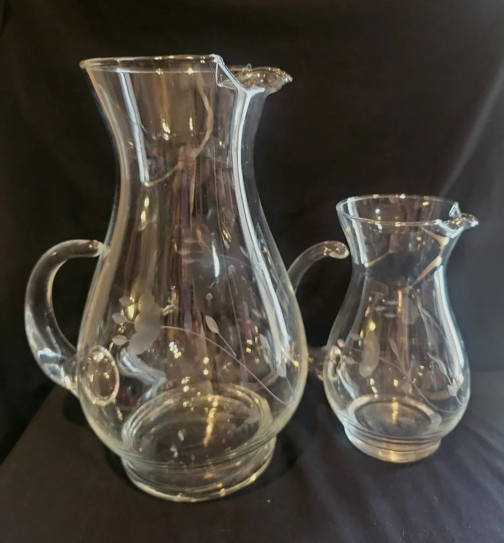 Set of 2 Princess House Heritage Crystal 6 & 10” Pitchers applied handle ice lip